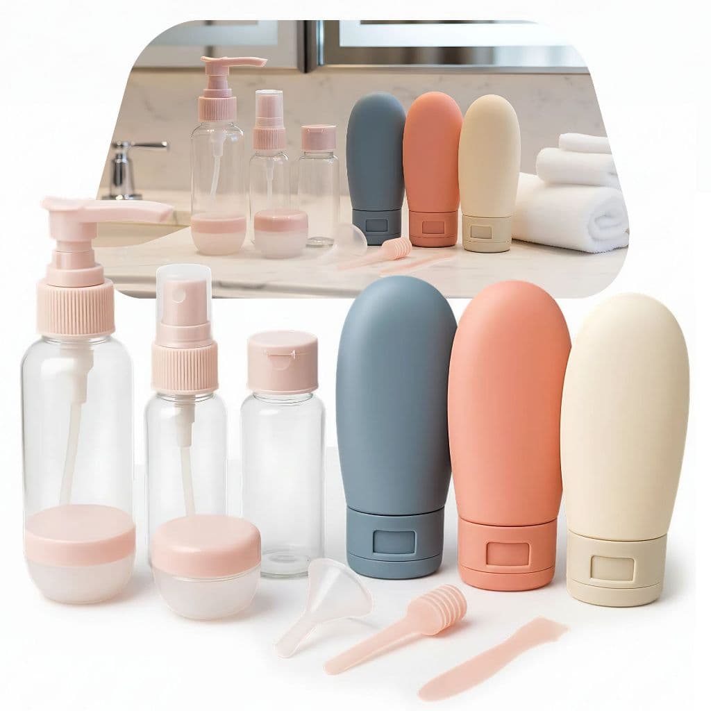 Kit Frascos de Viagem 11 Peças com Necessaire Frascos Silicone Reutilizáveis para Shampoo Condicionador Sabonete Creme