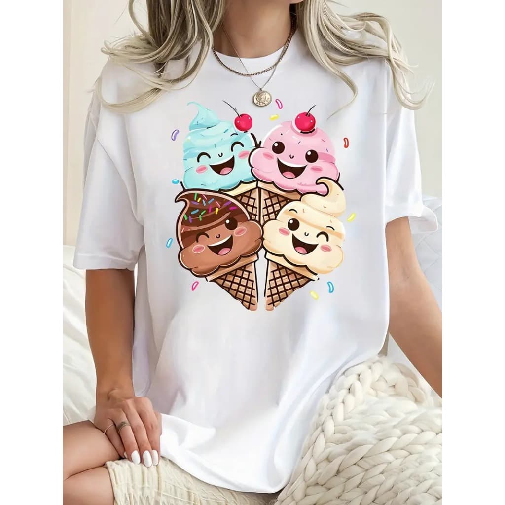 Camiseta Casual Feminina de Manga Curta com Estampa Divertida de Sorvete & Confetes - Top de Verão Macio e Elástico