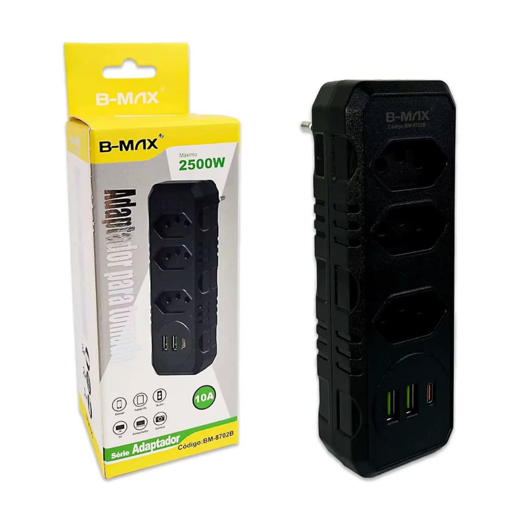 FILTRO DE LINHA ADAPTADOR BENJAMIN DE 3 TOMADAS 2 USb 1 TYPE C Celular Bivolt 10A T