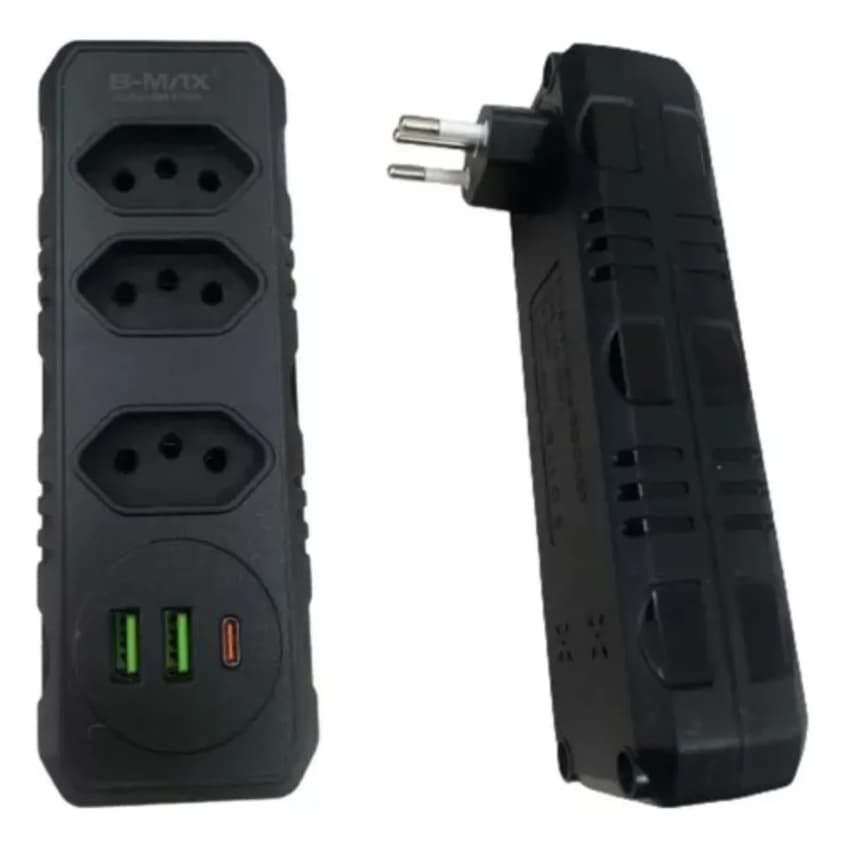 FILTRO DE LINHA ADAPTADOR BENJAMIN DE 3 TOMADAS 2 USb 1 TYPE C Celular Bivolt 10A T