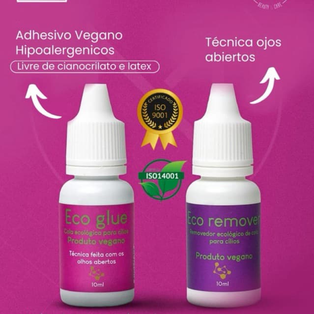 Kit Cola Vegana Eco Glue 10ml + Eco Remover 10ml para Extensão de Cílios Hipoalergênica Sem Cianocrilato