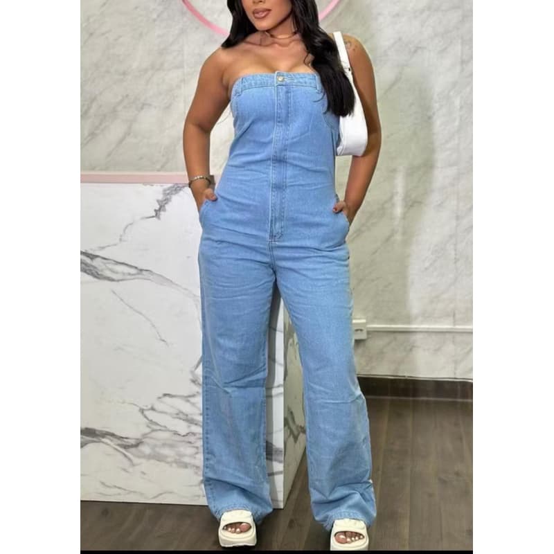 maisbonitomoda 8001 Macacao Jeans Macacão Feminina sem manga sem lycra
