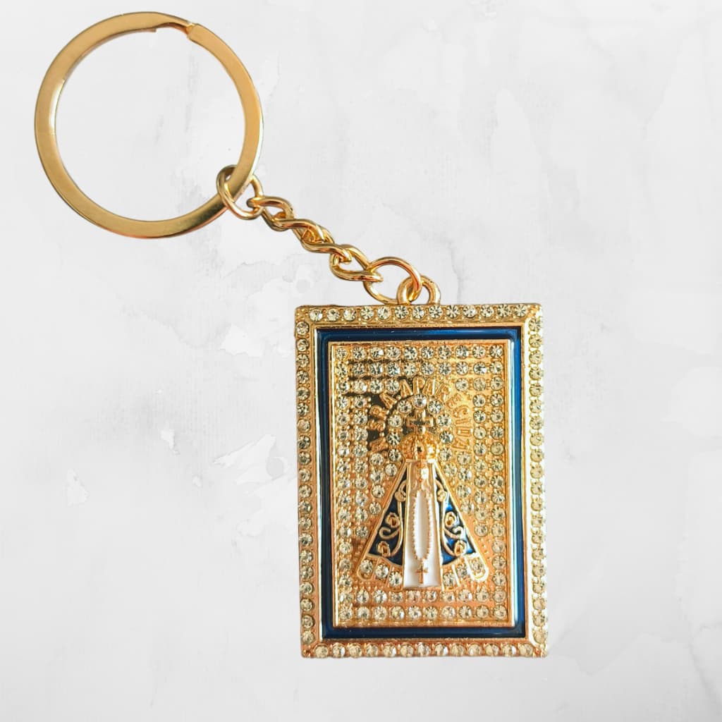 Chaveiro Religioso Católico Nossa Senhora Aparecida Metal Dourado Strass Presente Lembranca
