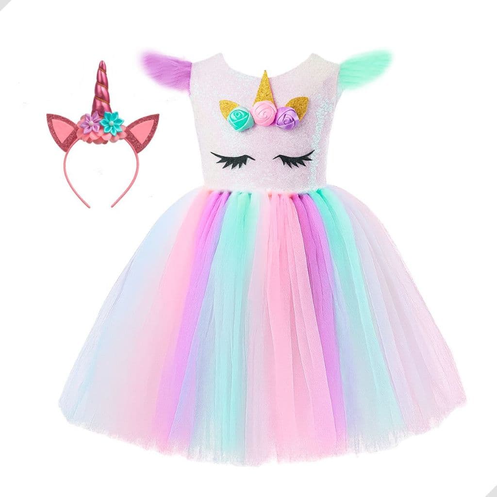 Kit Fantasia de Unicórnio com Tiara de Chifre Vestido com Forro de Tule Arco-Íris Colorido Infantil