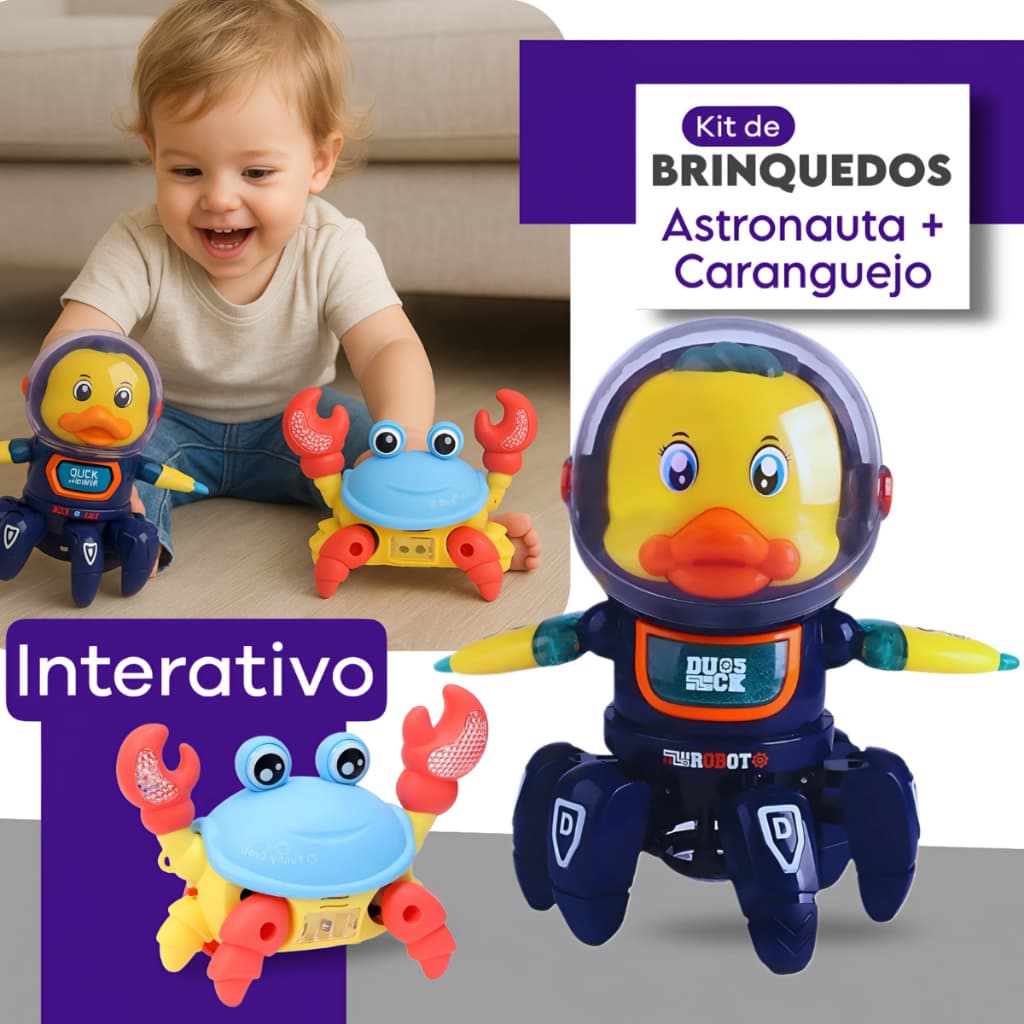 Kit Brinquedo Pato Astronauta Dançante Caranguejo Fujão Brinquedo Interativo Musical Com Som E Luzes Anda