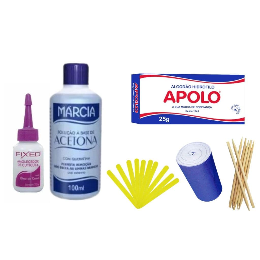 Kit De Unha Acetona + Algodão + 10 Palitos + Amolecedor De Cutícula Manicure Pedicure 10 LIXA