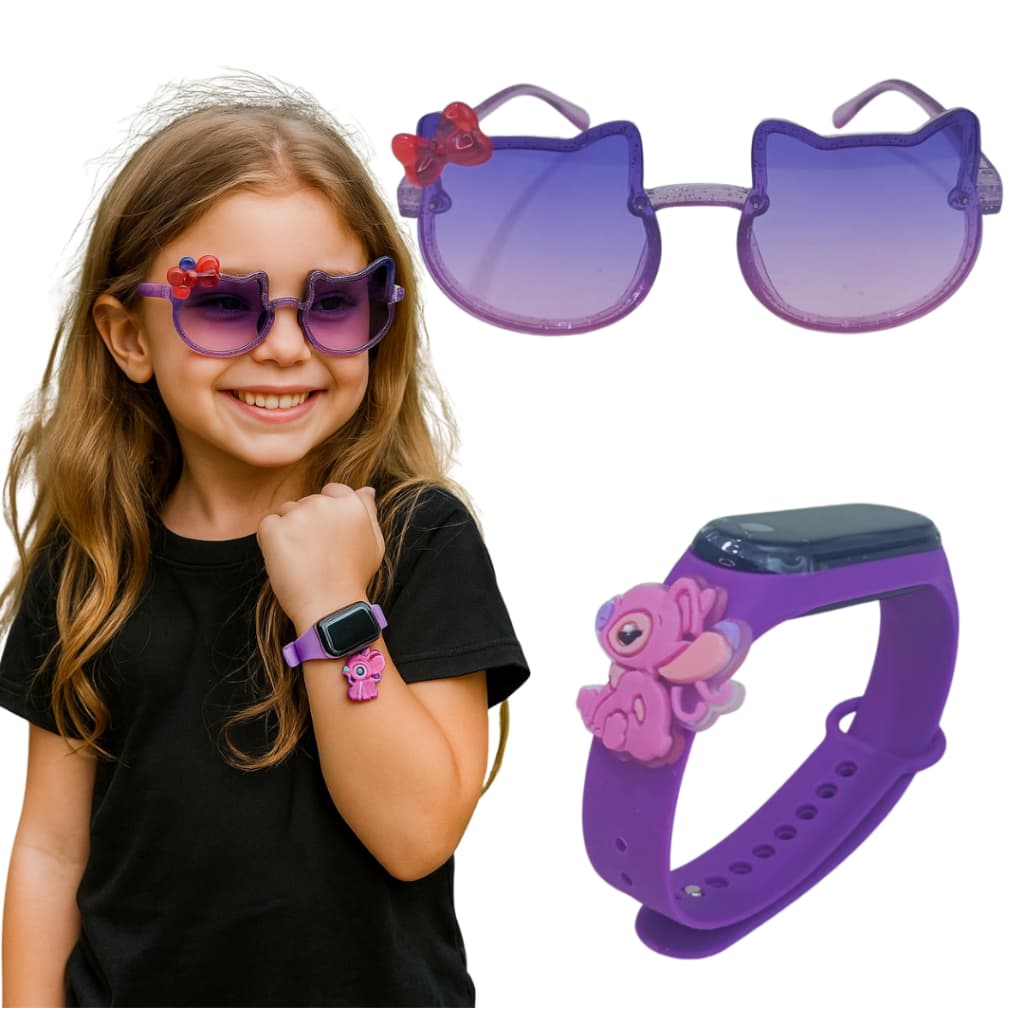 Kit Oculos Com Relogio Infantil Digital Femino Angel Stitch Data & Hora