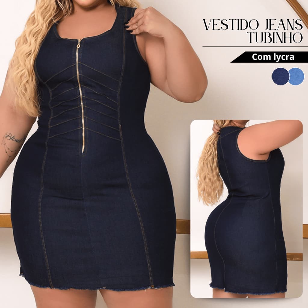 Vestido Jeans Feminino Plus Size Tubinho Lycra Senhora Zíper Sem Mangas Festa