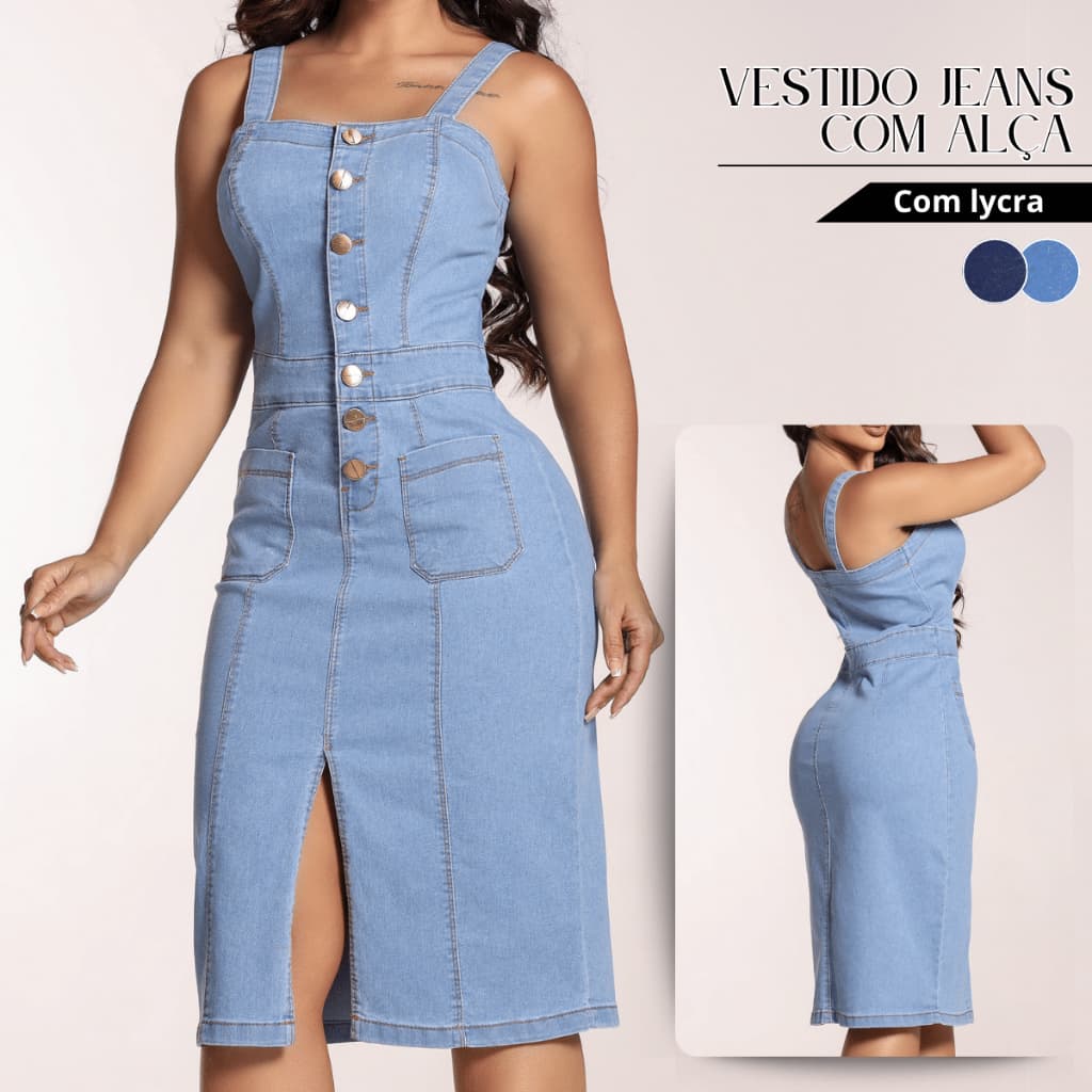 Vestido Jeans Midi Lycra Evangélico Alcinha Botões Coladinho Tendencia Premium Social