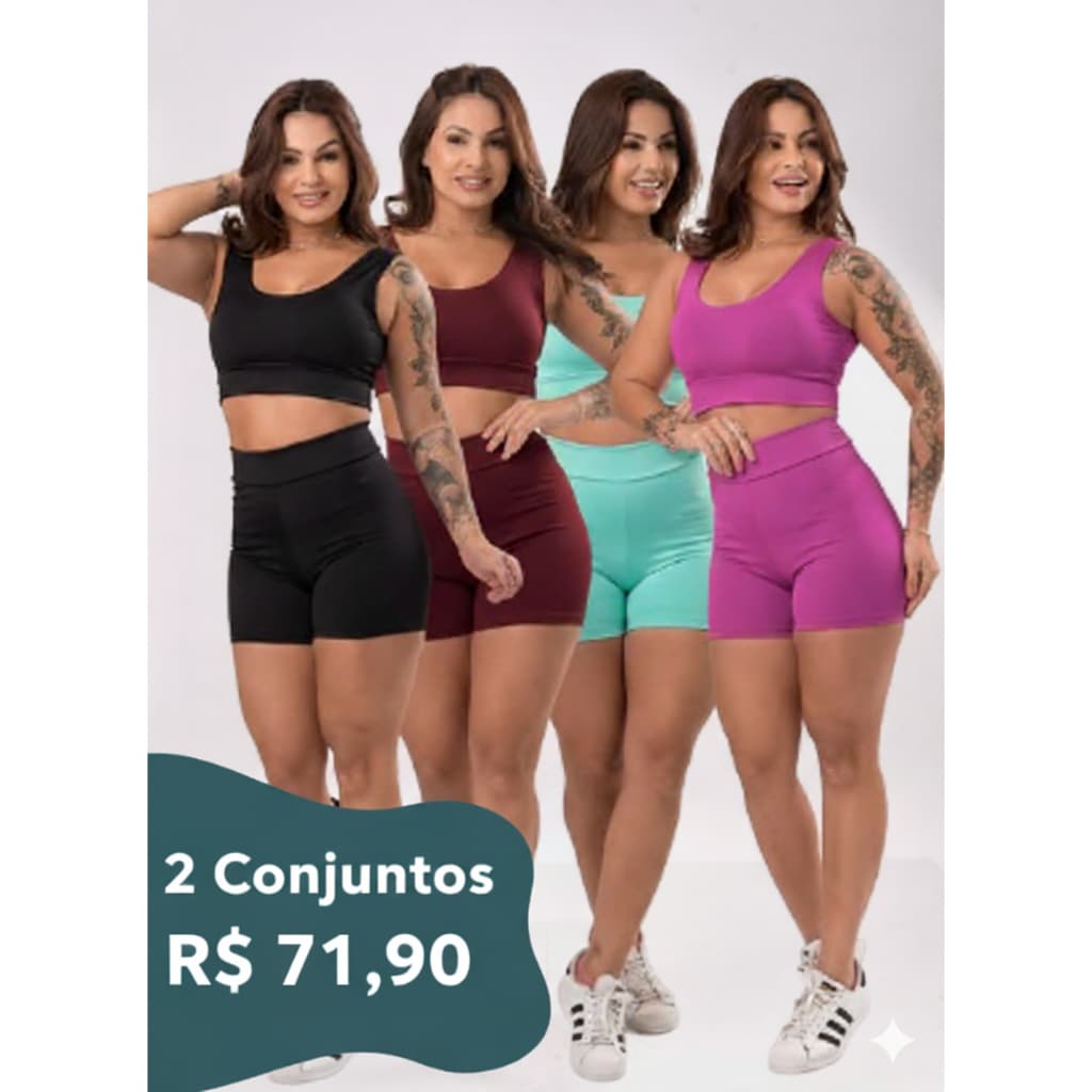 Kit 2 Conjuntos De Academia Cintura Alta Feminino Short e Top Roupa Fitness Zero Transparência