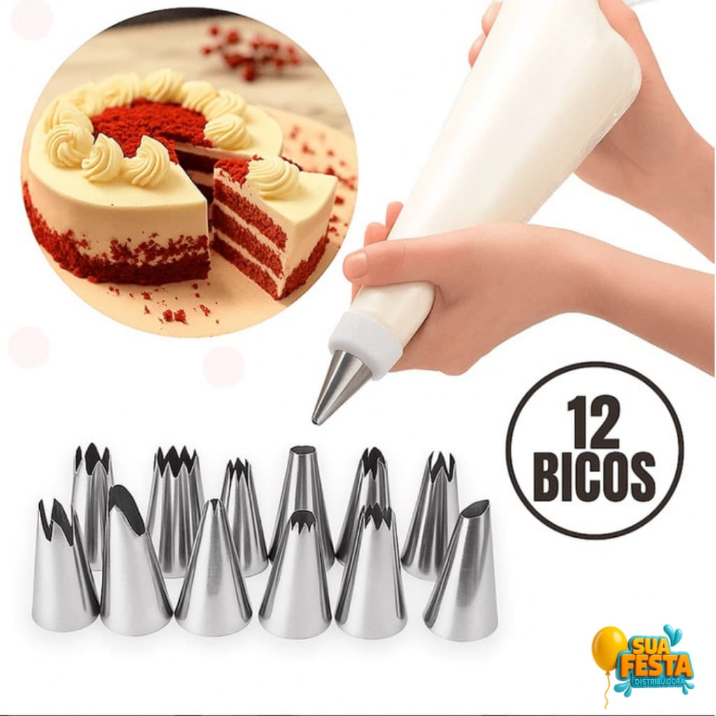Kit Bicos De Confeitar 12 Unidades Com Bisnaga Inox Reutilizável Para Bolos Cupcakes Sobremesas