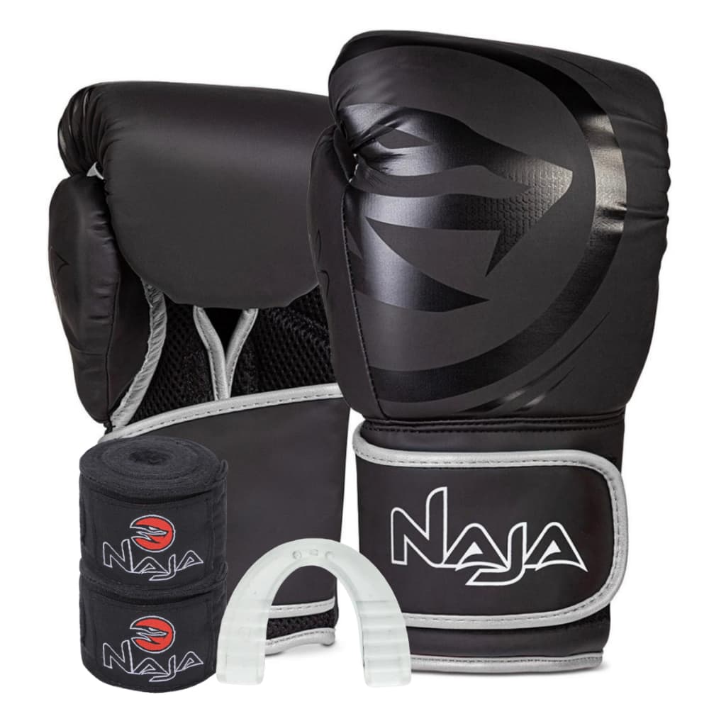 Conjunto Completo Luva Boxe / Muay Thai -  Bandagem + Protetor  Bucal - Black Naja Original