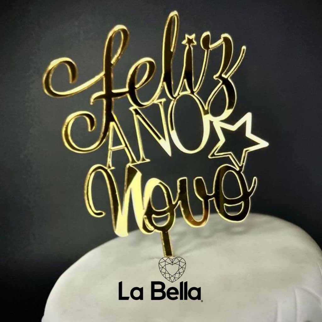 Topo De Bolo Feliz Ano Novo Acrílico Dourado Topper Feliz Ano Novo Acrílico Dourado