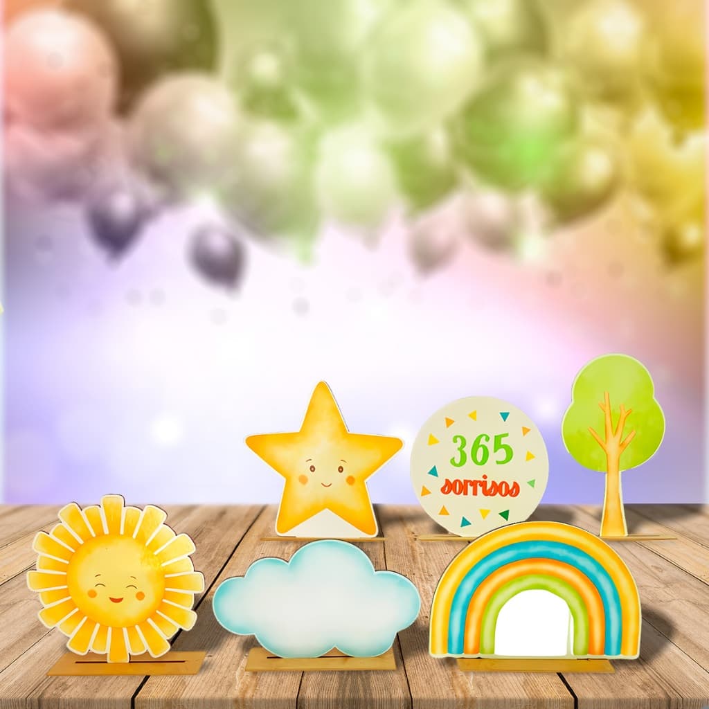Kit com 6 Displays de Mesa em MDF Tema 365 Sorrisos para Decoração de Festa Infantil Colorida