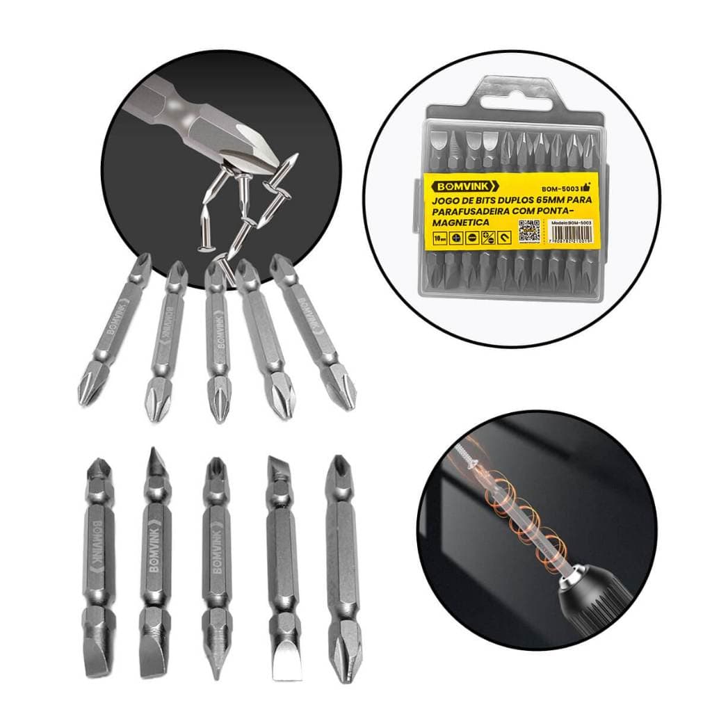 Jogo de Bits Ponteira Dupla 65mm com Imã 10 Peças Para Parafusadeira Philips e Fenda Aço Resistente