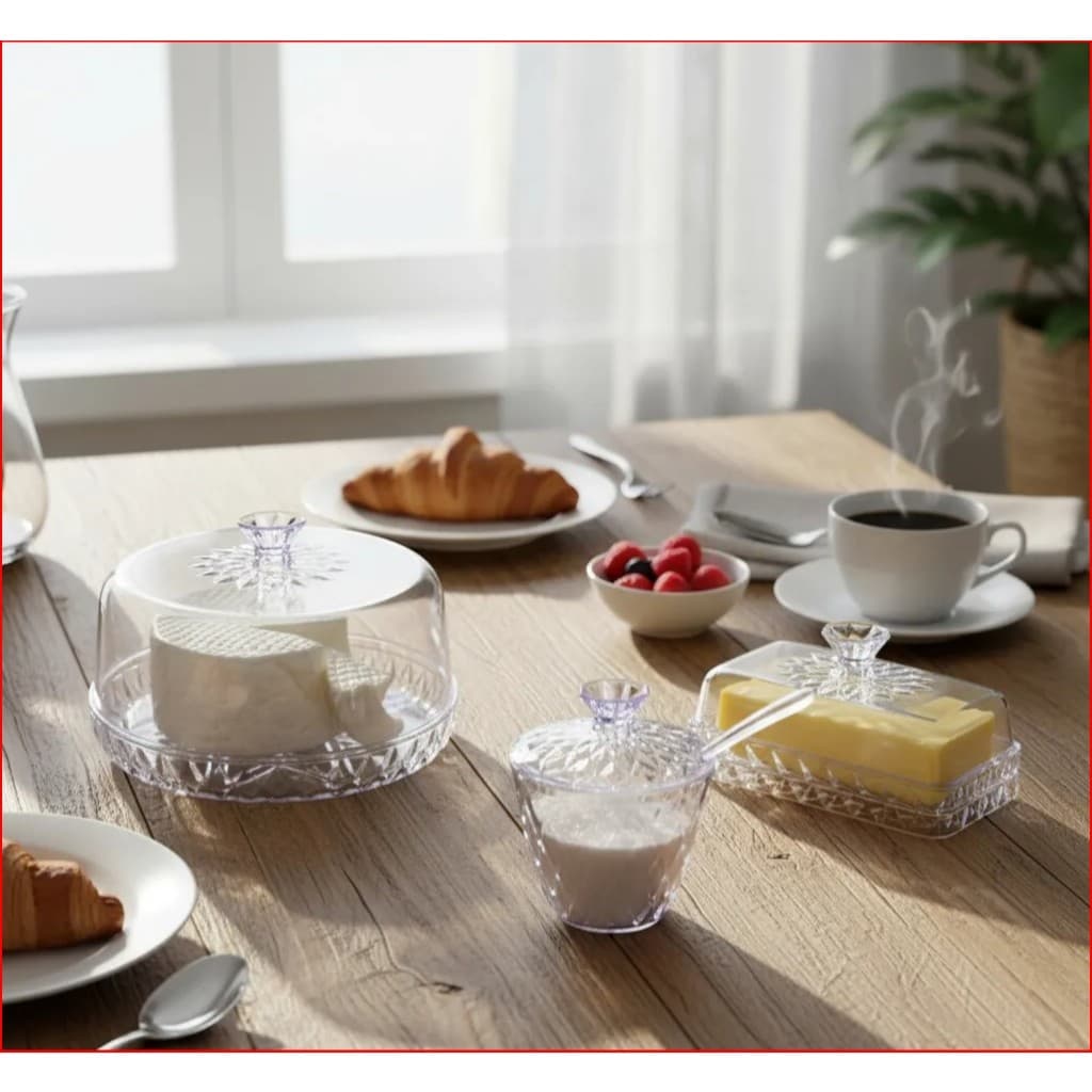Kit Queijeira Pequena Manteigueira Açucareiro Acrílico Glamour Mesa Posta Cozinha Incolor 3 Peças