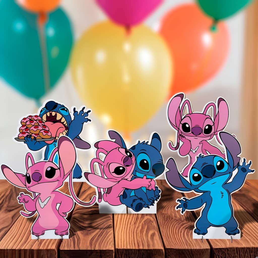 Kit com 5 Displays em MDF Tema Stitch e Angel Rosa e Azul para Decoração de Mesa de Festa Infantil