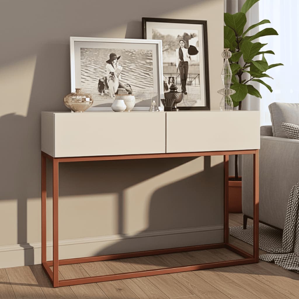 Aparador Estilo Industrial Moderno Com Base Metálica Cor Cobre Para Hall De Entrada 90 cm