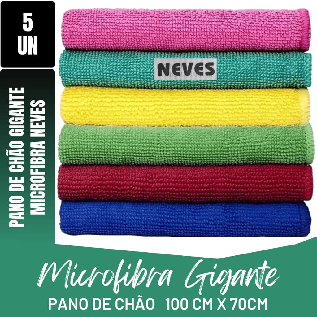 Kit C/ 05 Pano de Chão Microfibra Extra Gigante - 1 Metro x 70 Cm Neves - Cores Variadas - Multiuso