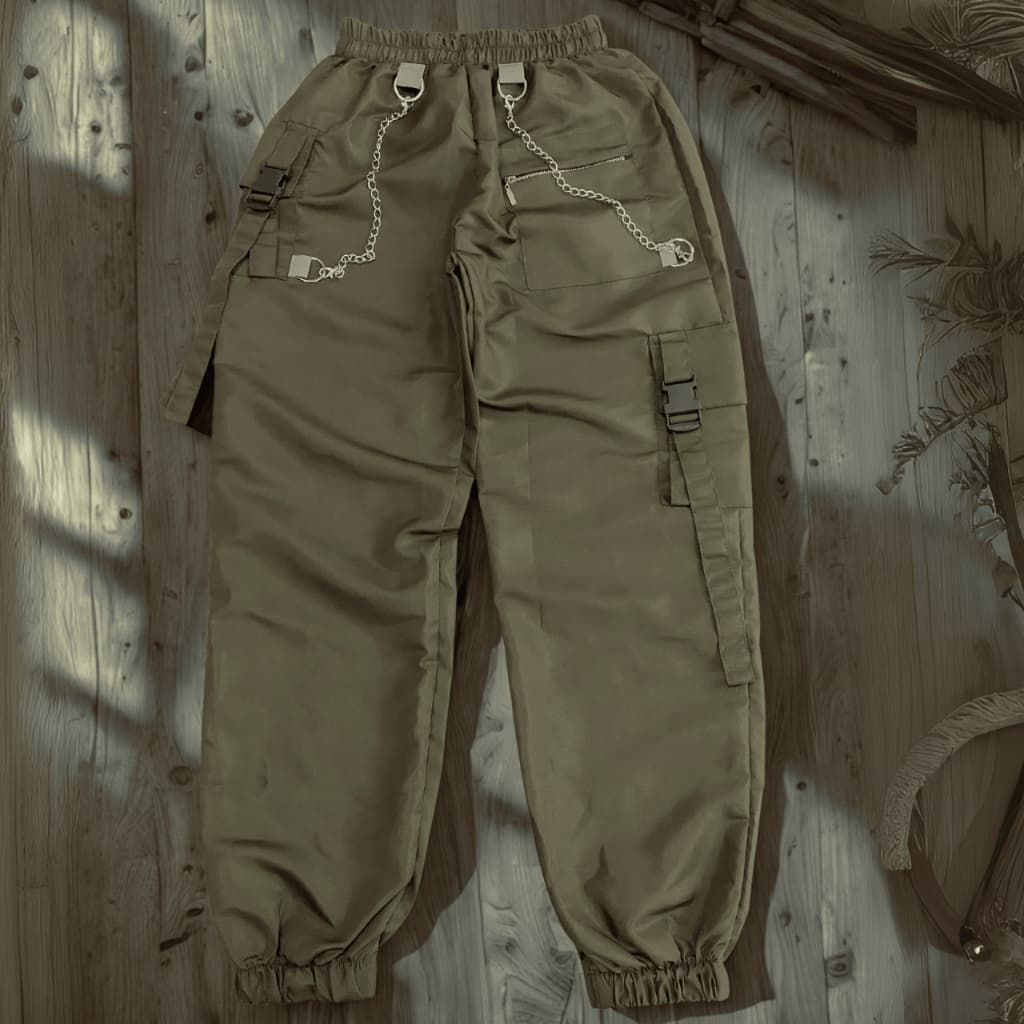 Calça Cargo unissex Streetwear Sofisticado Jogger Feminina com Duas Correntes Tendencia Gringa
