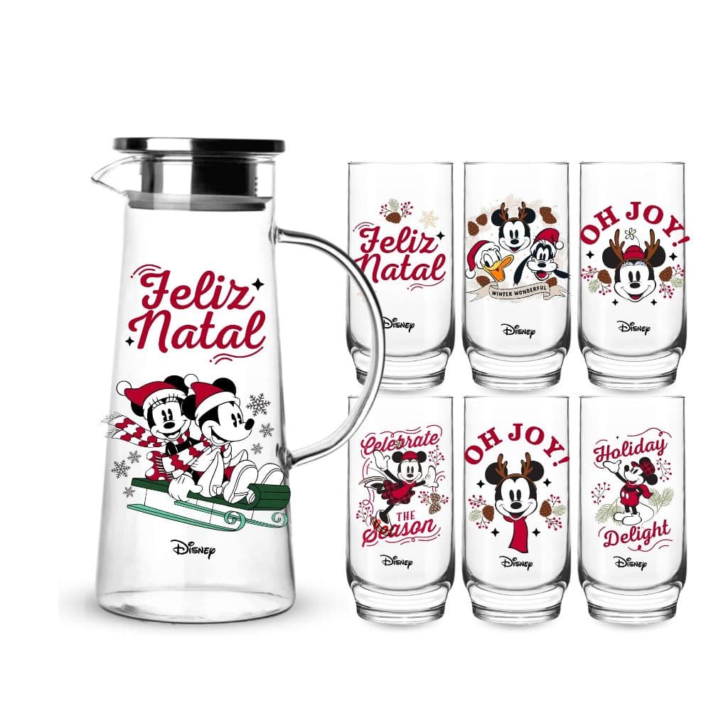 1 Jarra Chaleira Vidro Borosilicato C/ Tampa + 6 Copos Mickey Minnie Especial Natal Decoração