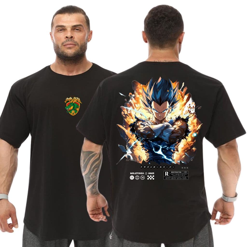 Camiseta Streetwear Blusão Largo Oversized Vegeta Dragon Ball Aura de Fogo Envio Rápido