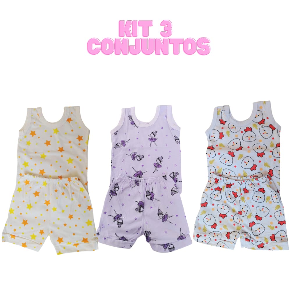 Kit 06 Peças Conjunto de Bebê Menina P,M e G Pijama Regata Sortidos Feminino Infantil 100% Algodão Verão