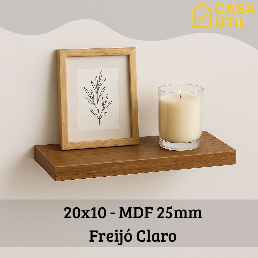 Prateleira 20x10 cm MDF 25mm Freijó Claro com Suporte Invisível Reforçado| Sala, Cozinha e Quarto