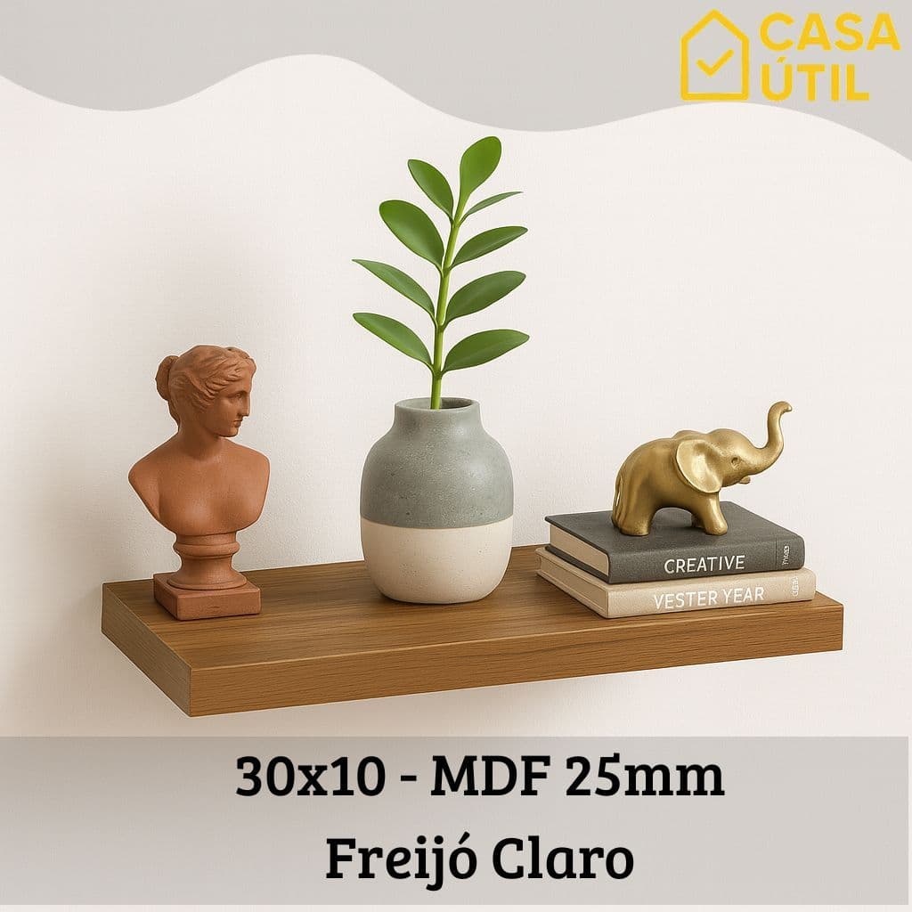 Prateleira 30x10 cm MDF 25mm Freijó Claro com Suporte Invisível Reforçado| Sala, Cozinha e Quarto