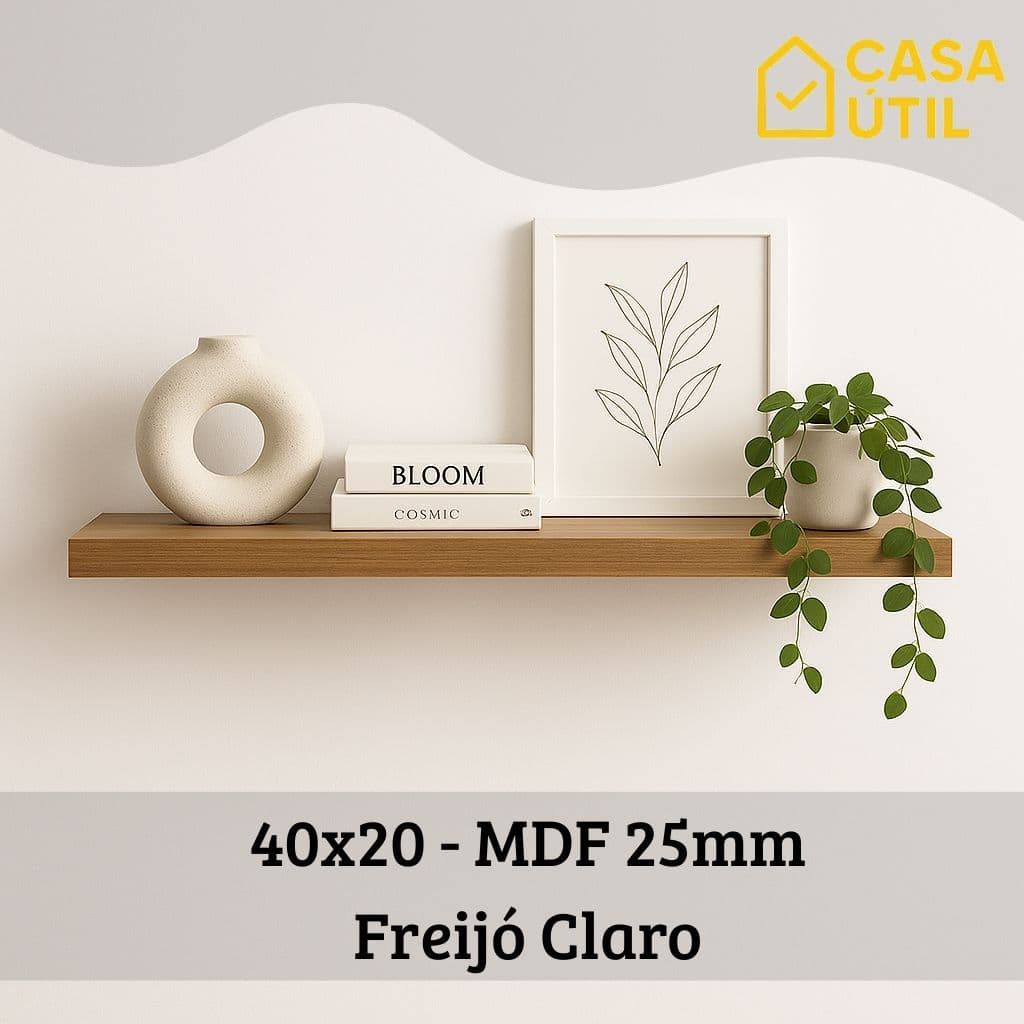 Prateleira 40x20 cm MDF 25mm Freijó Claro com Suporte Invisível Reforçado| Sala, Cozinha e Quarto