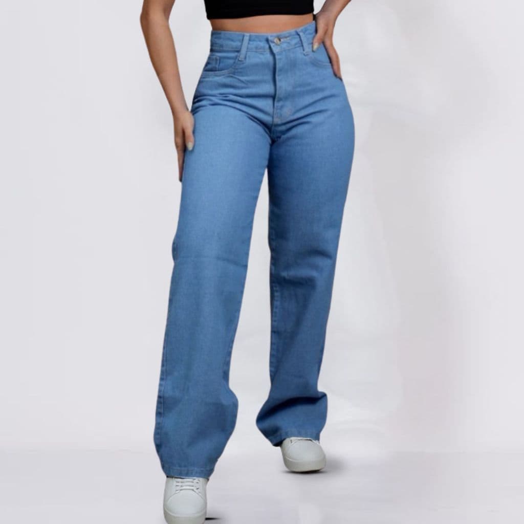 Calça Jeans Feminina Wide Leg Pantalona Cintura Alta  Cós Alto tecido 100% lavagem gringa Blogueira