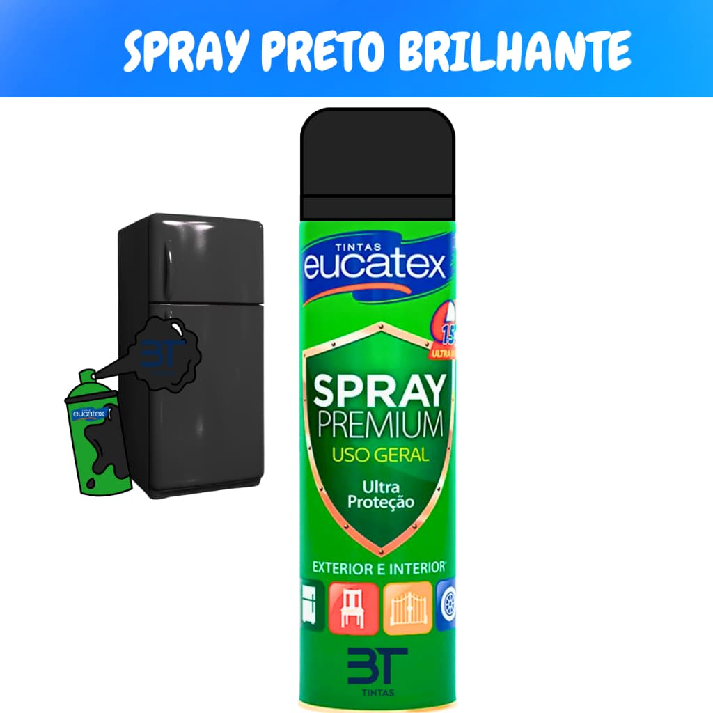 Tinta Spray Premium Eucatex Preto Brilhante Para Pintar Móveis Metais Plásticos Cerâmica Secagem Rápida 400ML