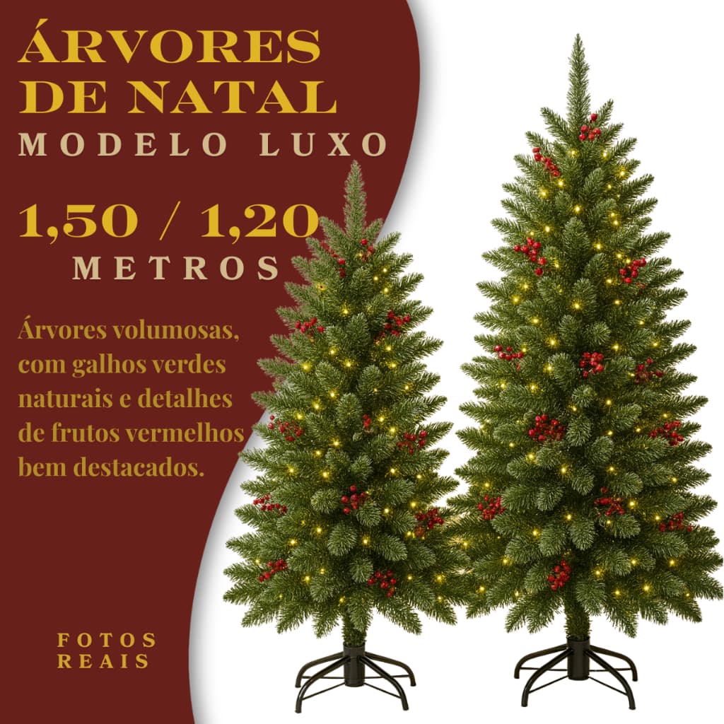 Árvore de Natal Nevada Jade 150cm e 120 cm com Frutas Artificiais Decoração de Natal Premium