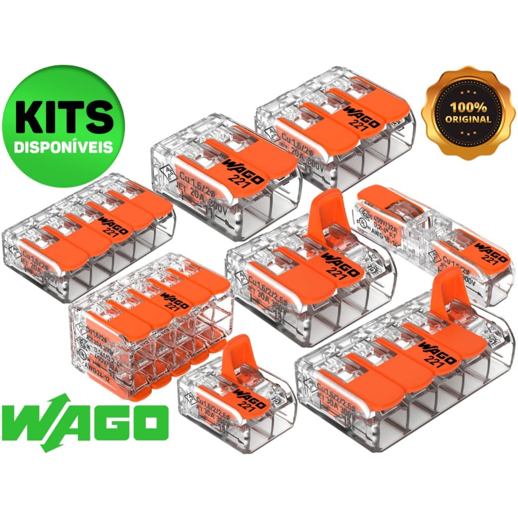 Kit 10 Conector Elétrico 221 Emenda Wago 1, 2, 3, e 5 vias 32/41A Original 4mm² e 6mm² Chuveiro Tomada Lâmpada