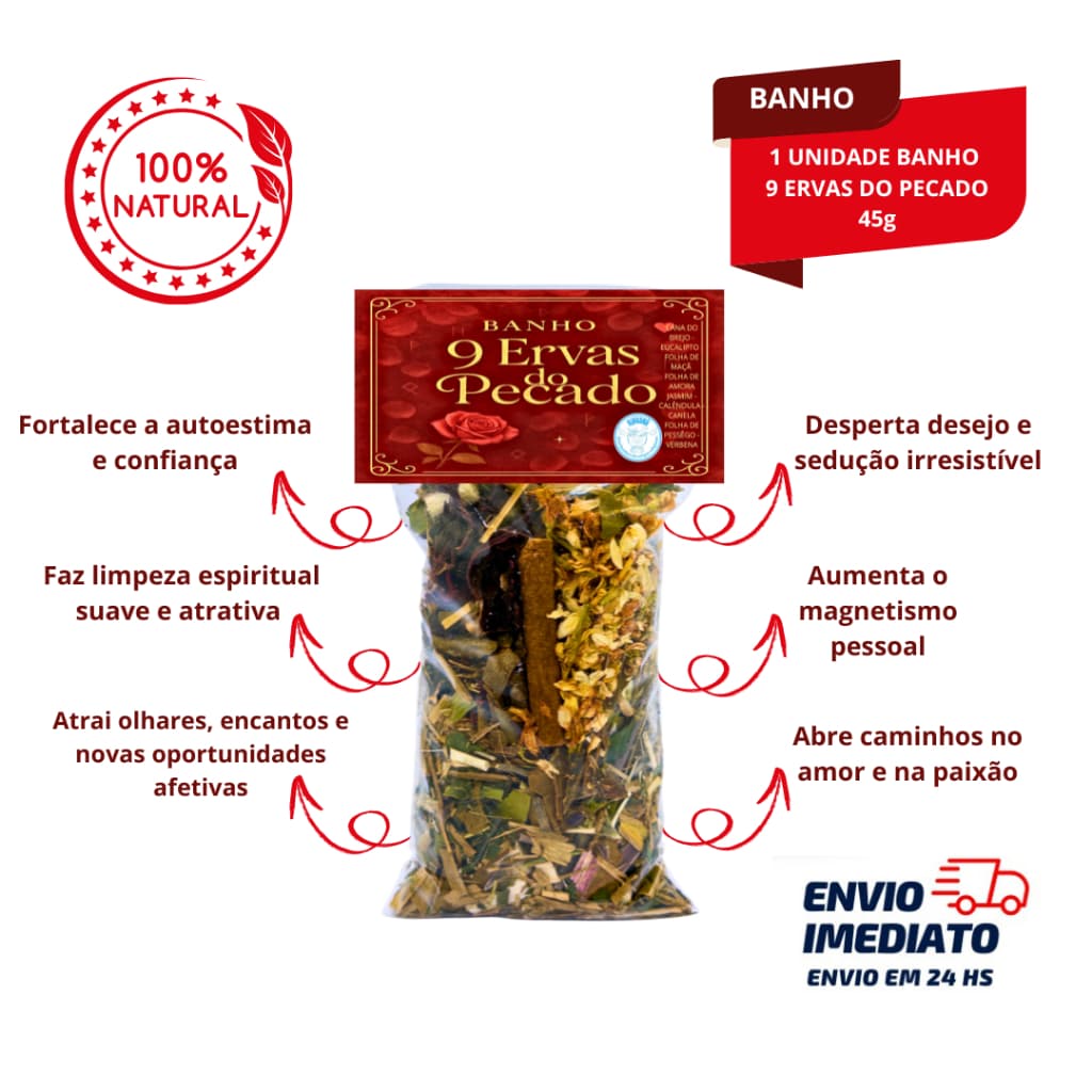 Banho 9 Ervas do Pecado 45g Sedução Magnetismo Pessoal Amor Desejo Energia Espiritual e Abertura de Caminhos Afetivo