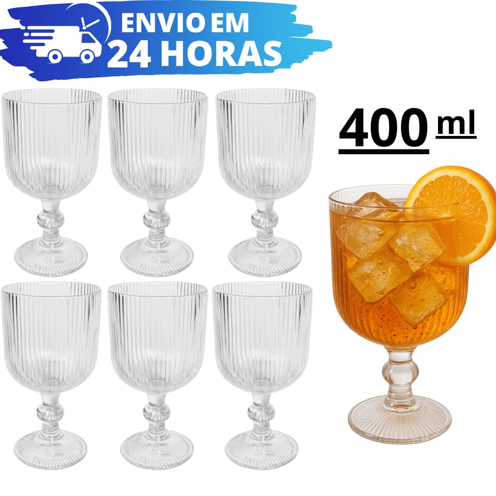Jogo De 6 e 12 Taças Graffiato Canelada 400ml Vidro REFORÇADO Grosso Elegante P/ Agua Vinhoo Refrigerante