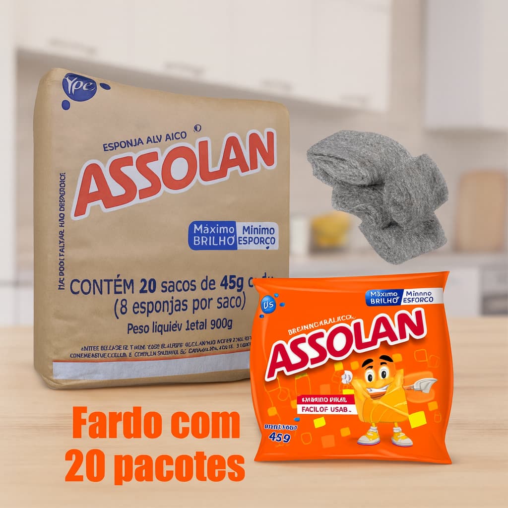 Fardo 20 Pacotes Esponja de Aço Assolan Ypê 45g – Limpeza Pesada
