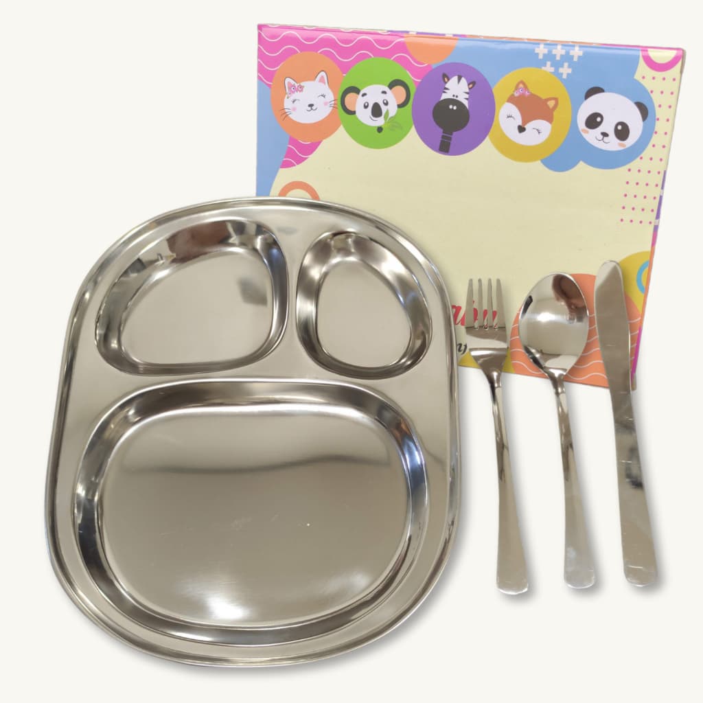 KIT REFEIÇAO INFANTIL INOX 4 PEÇAS TALHERES E PRATO COMPLETO - JOGO DE TALHER INFANTIL