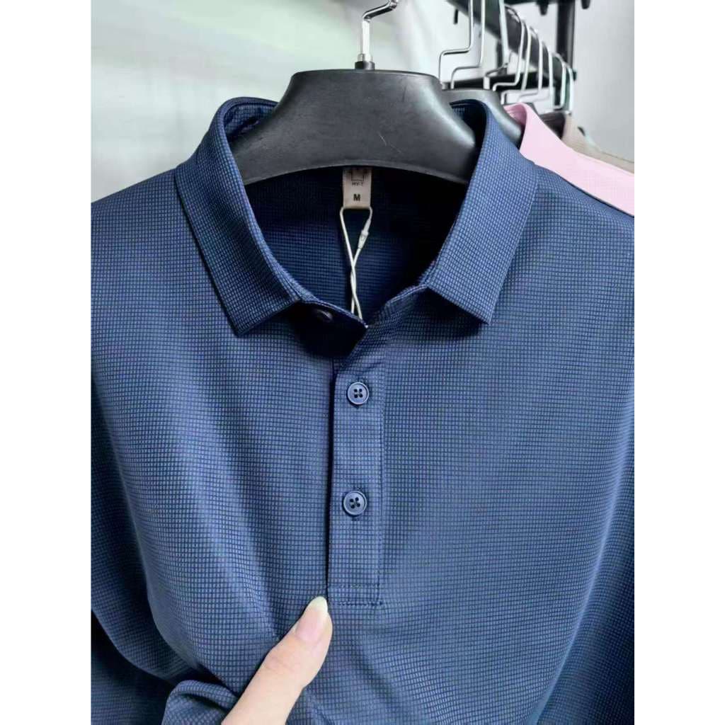 Camisa polo masculina casual de negócios, xadrez de cor sólida com xadrez pequeno e delicado, confortável e respirável.