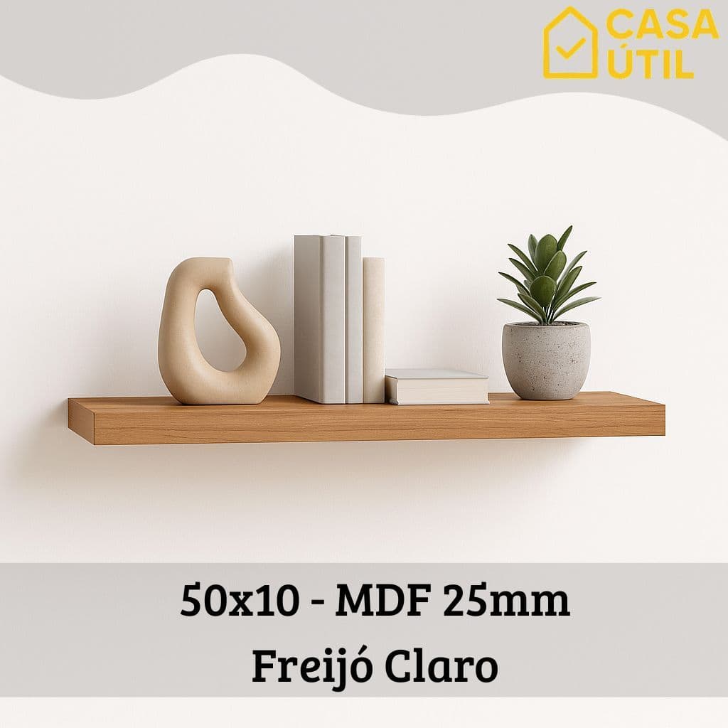 Prateleira 50x10 cm MDF 25mm Freijó Claro com Suporte Invisível Reforçado| Sala, Cozinha e Quarto