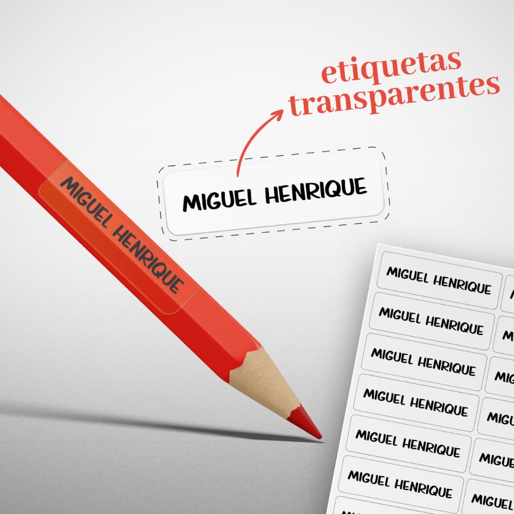 100 Etiquetas Adesivas Transparentes para Lápis Personalizadas com Nome Materiais Escolares
