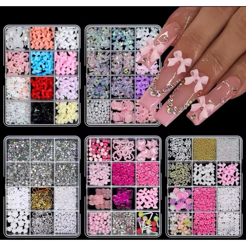 Kit com Laços 3D e Pérolas para Unhas – Nail Art Luxo | Vários Modelos e Cores