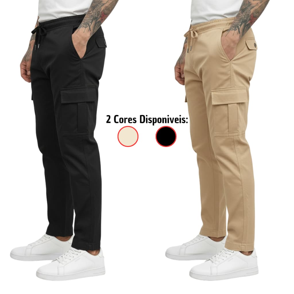 Kit Calça Cargo Masculina Sarja Premium Original | Slim Fit Casual Com Cordão e Pronta Entrega
