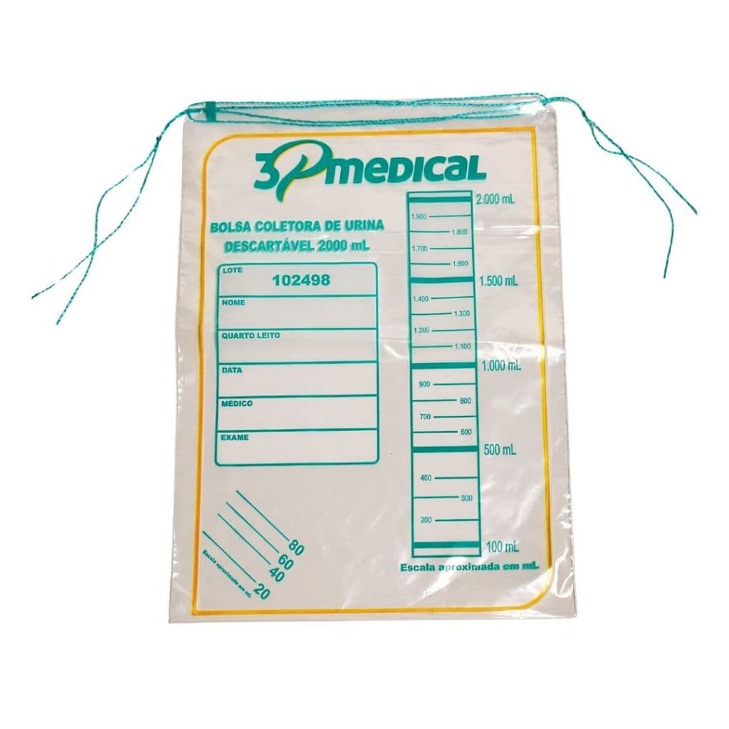 BOLSA GRADUADA 2000ML PARA COLETA MEDIÇÃO DE URINA TRANSPARENTE PACOTE COM 100UN