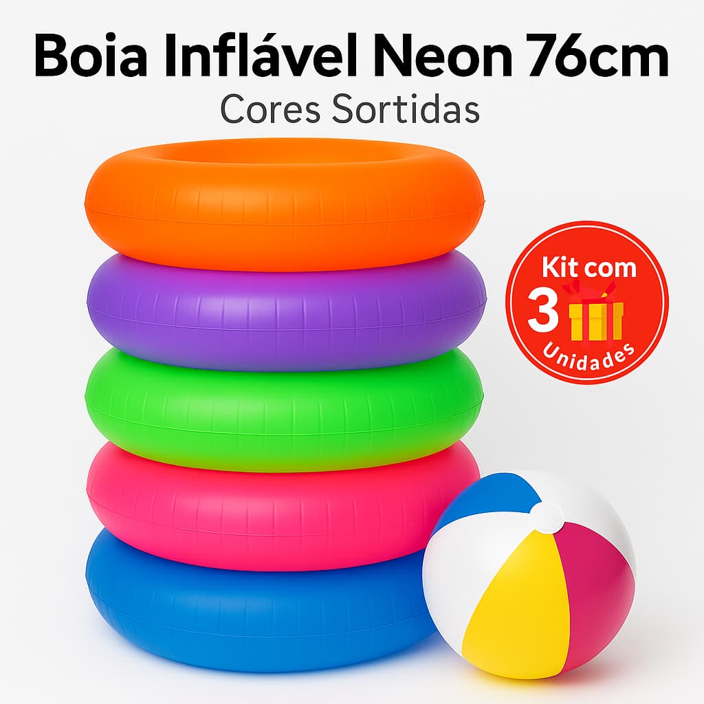 KIT 3 BOIAS INFLÁVEIS NEON 76CM + BRINDE BOLA TRANSPARENTE 40CM