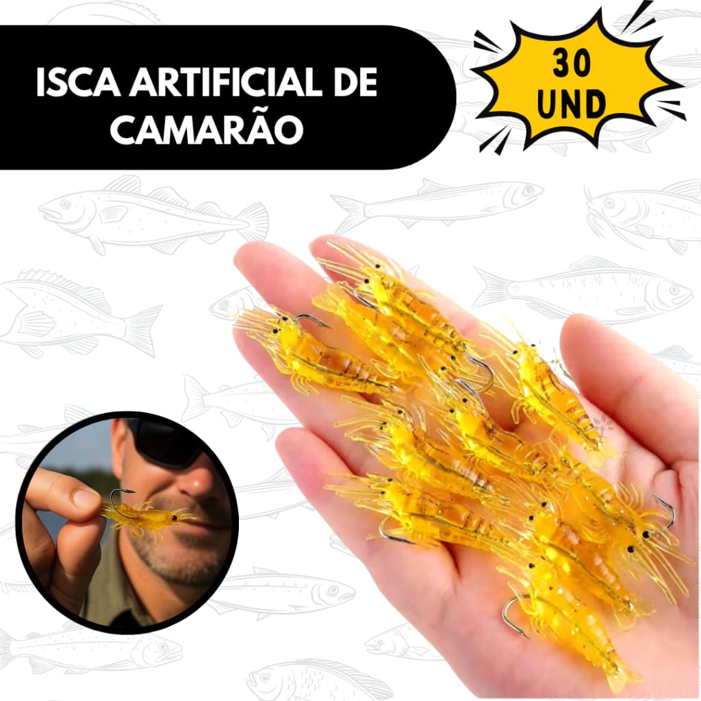 Kit 30 Isca Camarão Artificial Silicone Realista 4cm com Anzol Para Pesca Corvina Robalo Tucunaré