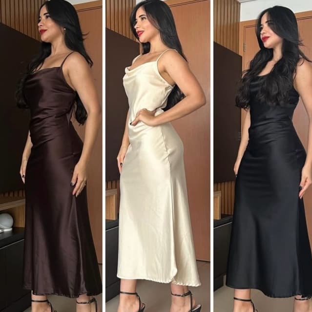 Vestido Mídi Feminino Cetim - Moda Elegante Alça Fina Regulável Tendência 2.2