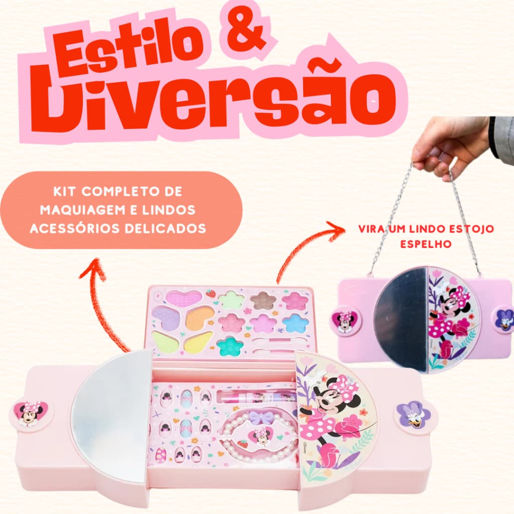 Kit Maquiagem Infantil - Maleta Minnie Fenzza Sombras e Batom - Presente para Crianças