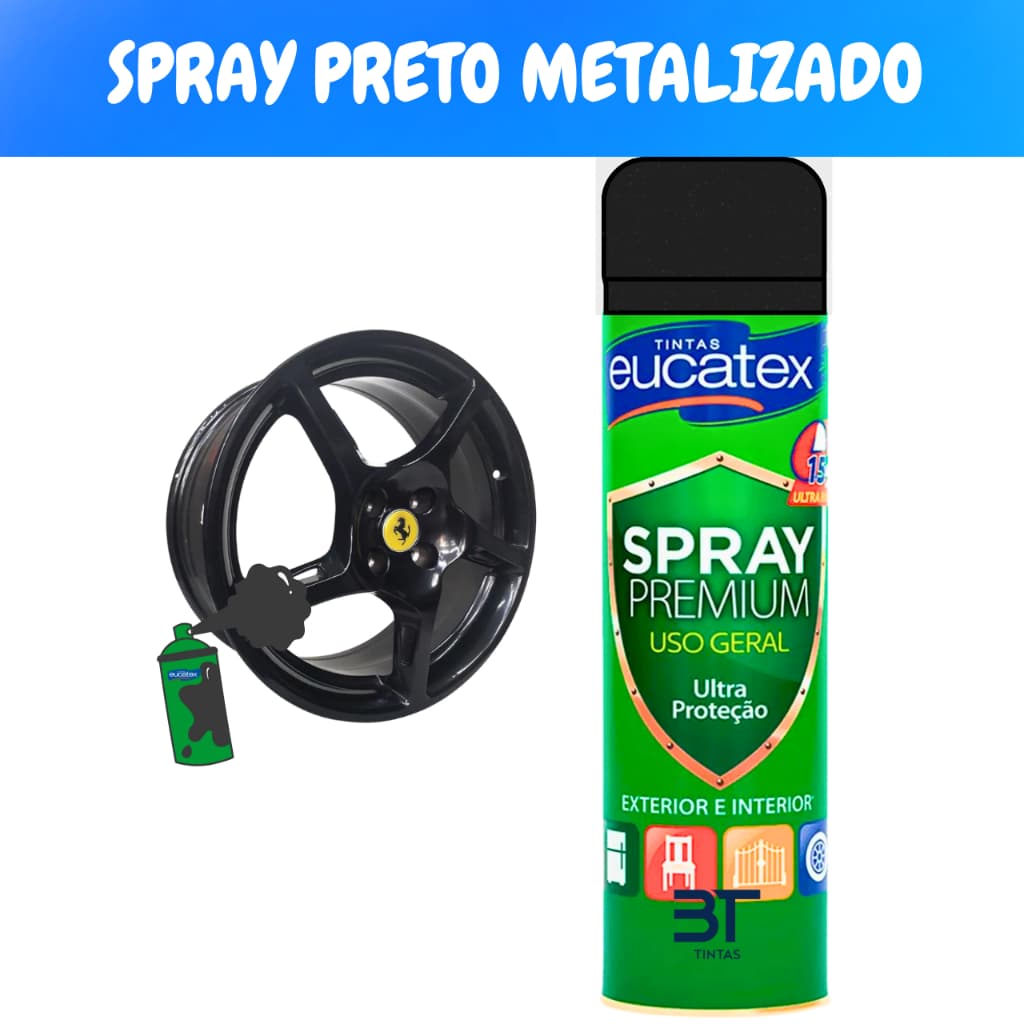Tinta Spray Premium Preto Metalizado Para Pintar Rodas De Carro Móveis Metais Madeira Plástico 400ML