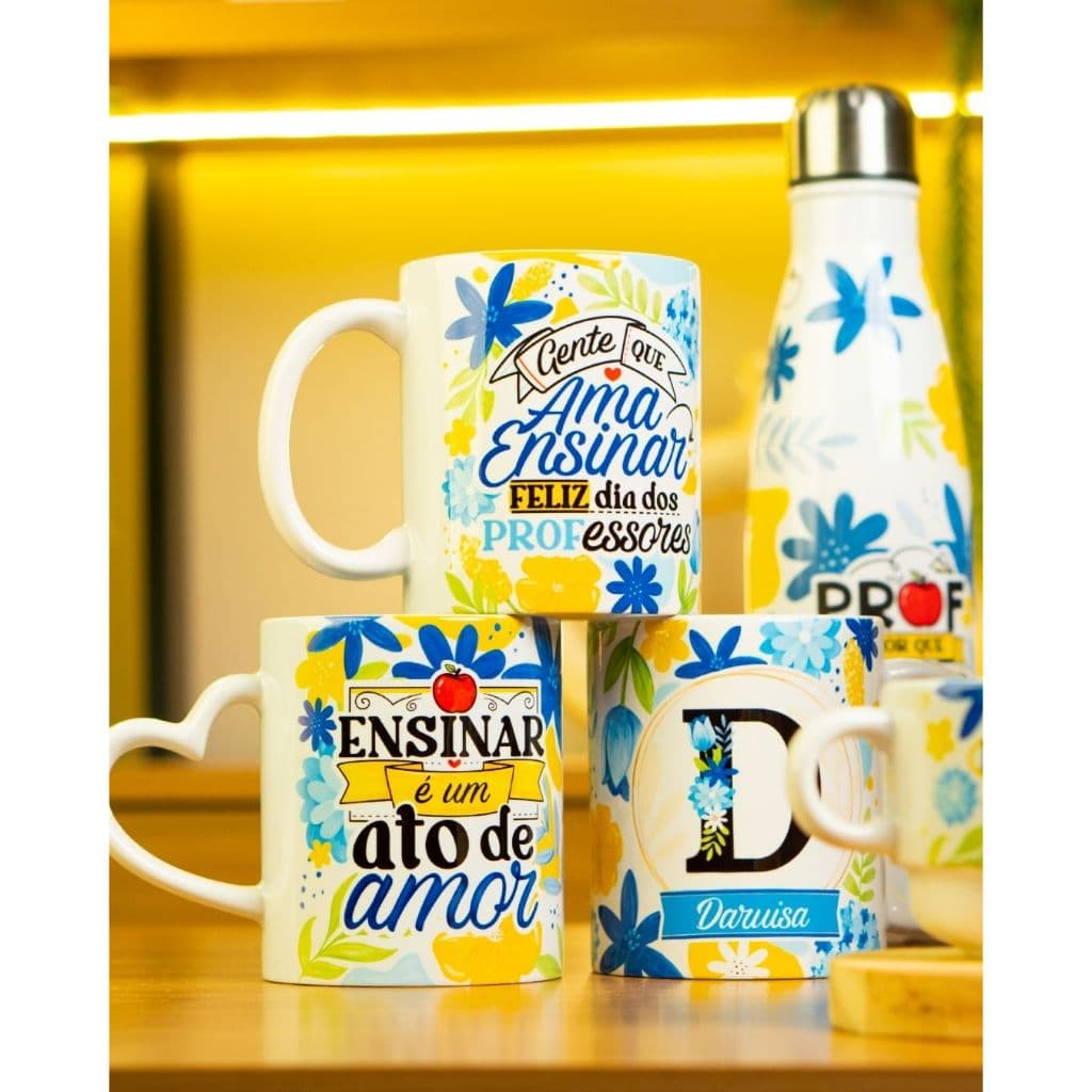 Caneca Dia dos Professores Porcelana-Presente Professor Professora- Presente personalizado-Lembrancinha- 325 ml-Floral-